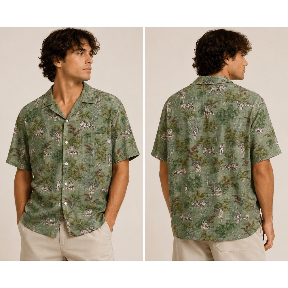 NWT Hartford Safari Tiger‎ Print Camp Shirt XL Green Cotton Button Front